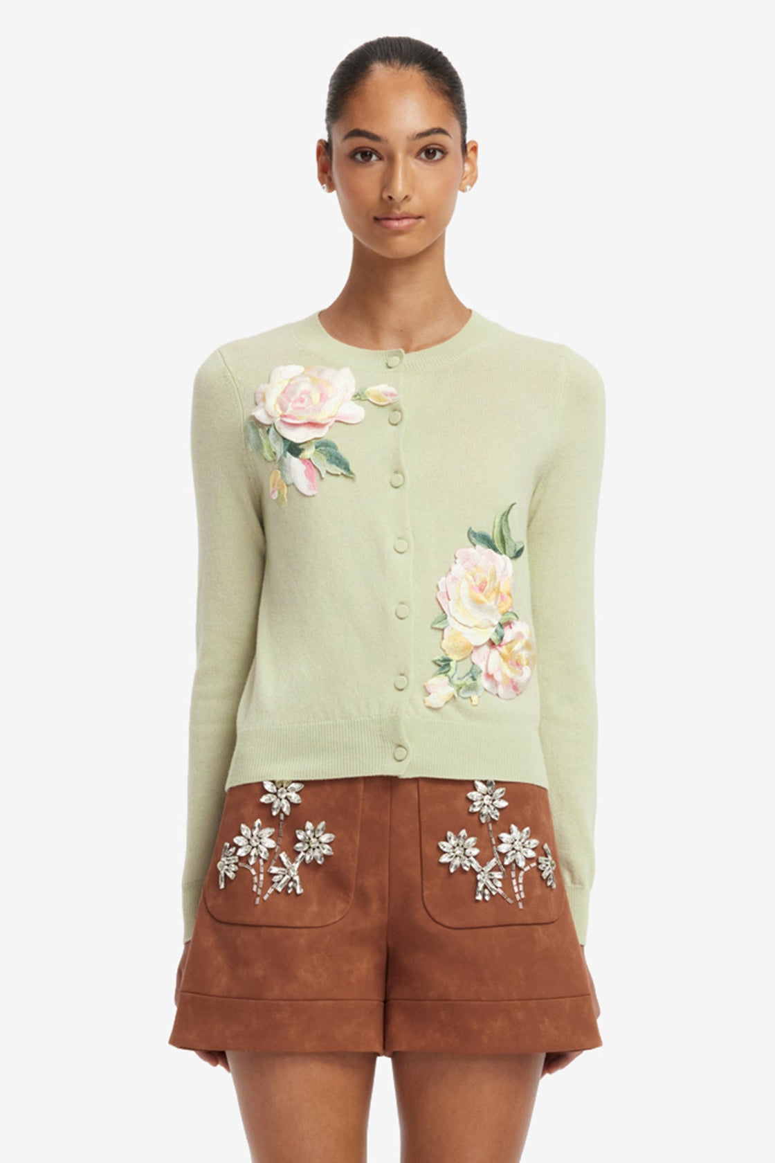 Claire Embroidered Cashmere Blend Cardigan - Pistachio Rose Print Tops