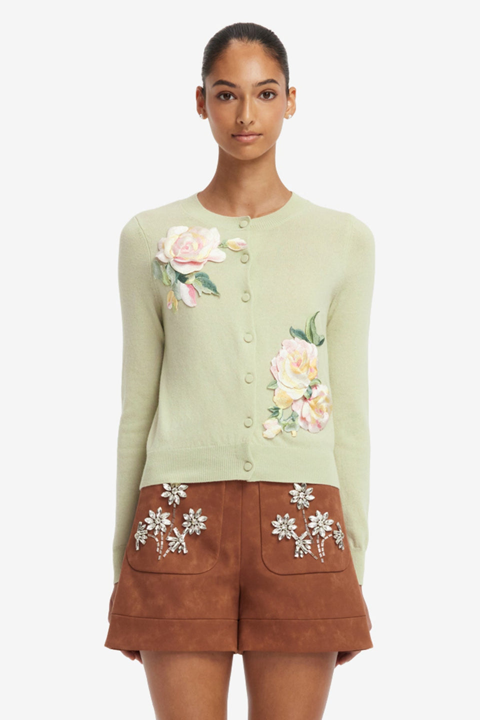 Claire Embroidered Cashmere Blend Cardigan - Pistachio Rose Print Tops
