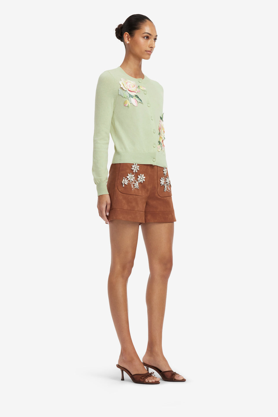 Claire Embroidered Cashmere Blend Cardigan - Pistachio Rose Print Tops