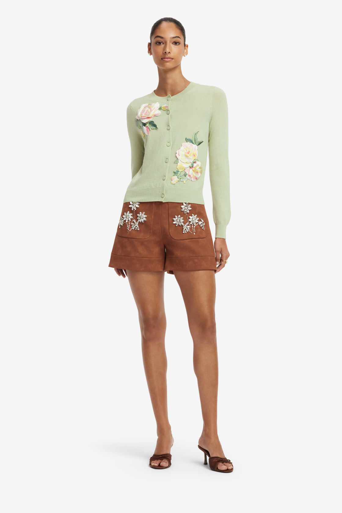 Claire Embroidered Cashmere Blend Cardigan - Pistachio Rose Print Tops