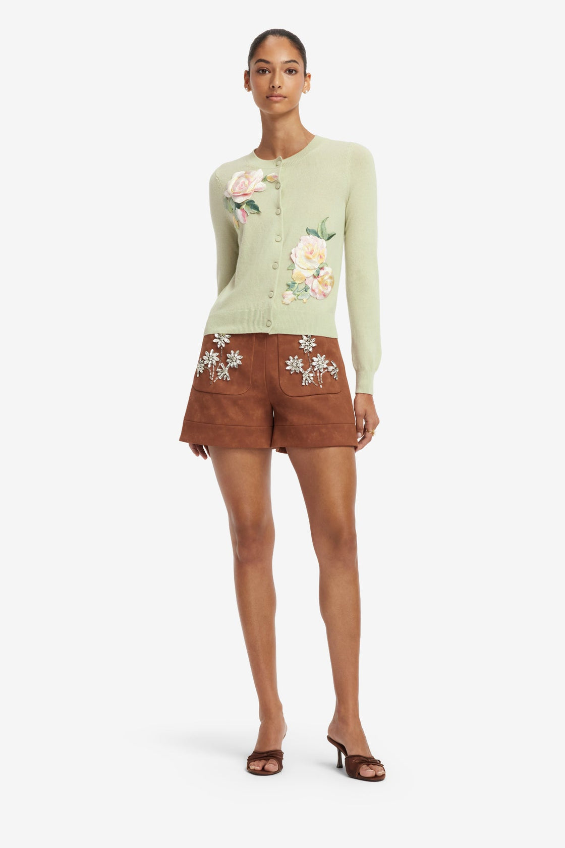Claire Embroidered Cashmere Blend Cardigan - Pistachio Rose Print Tops