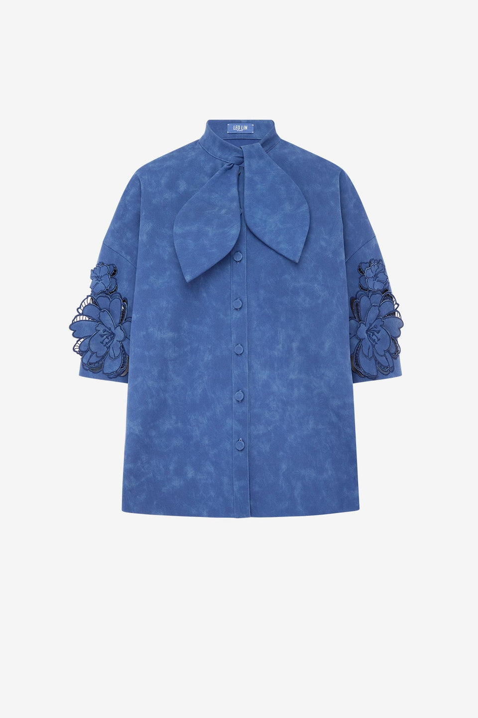 Brooklyn Applique Vegan Suede Bow Puff Sleeve Top - Azure Tops
