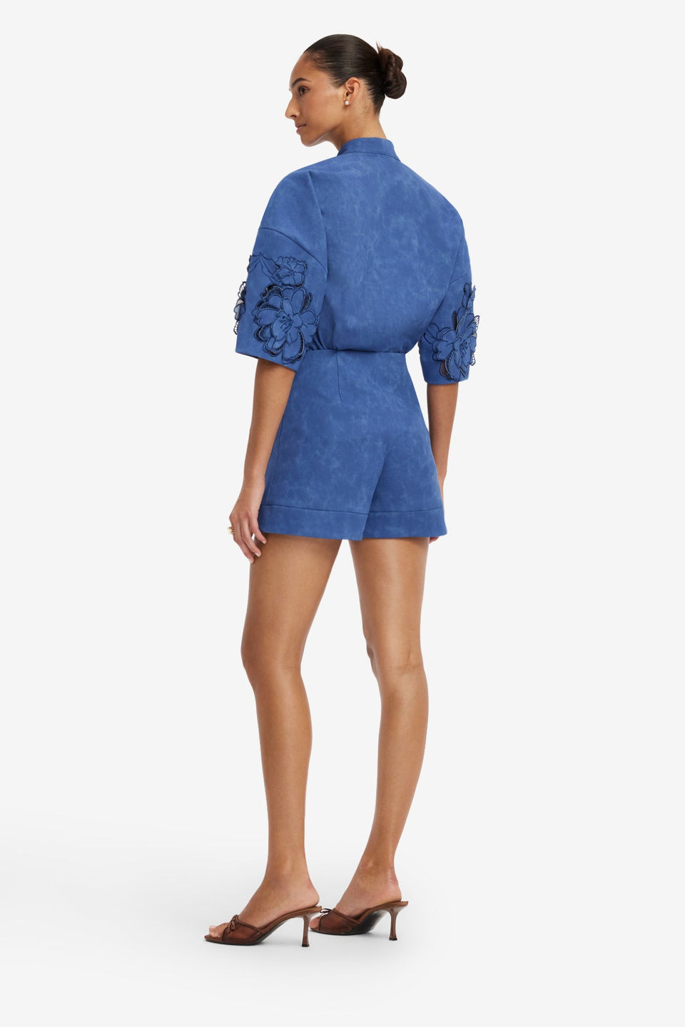 Brooklyn Applique Vegan Suede Bow Puff Sleeve Top - Azure Tops