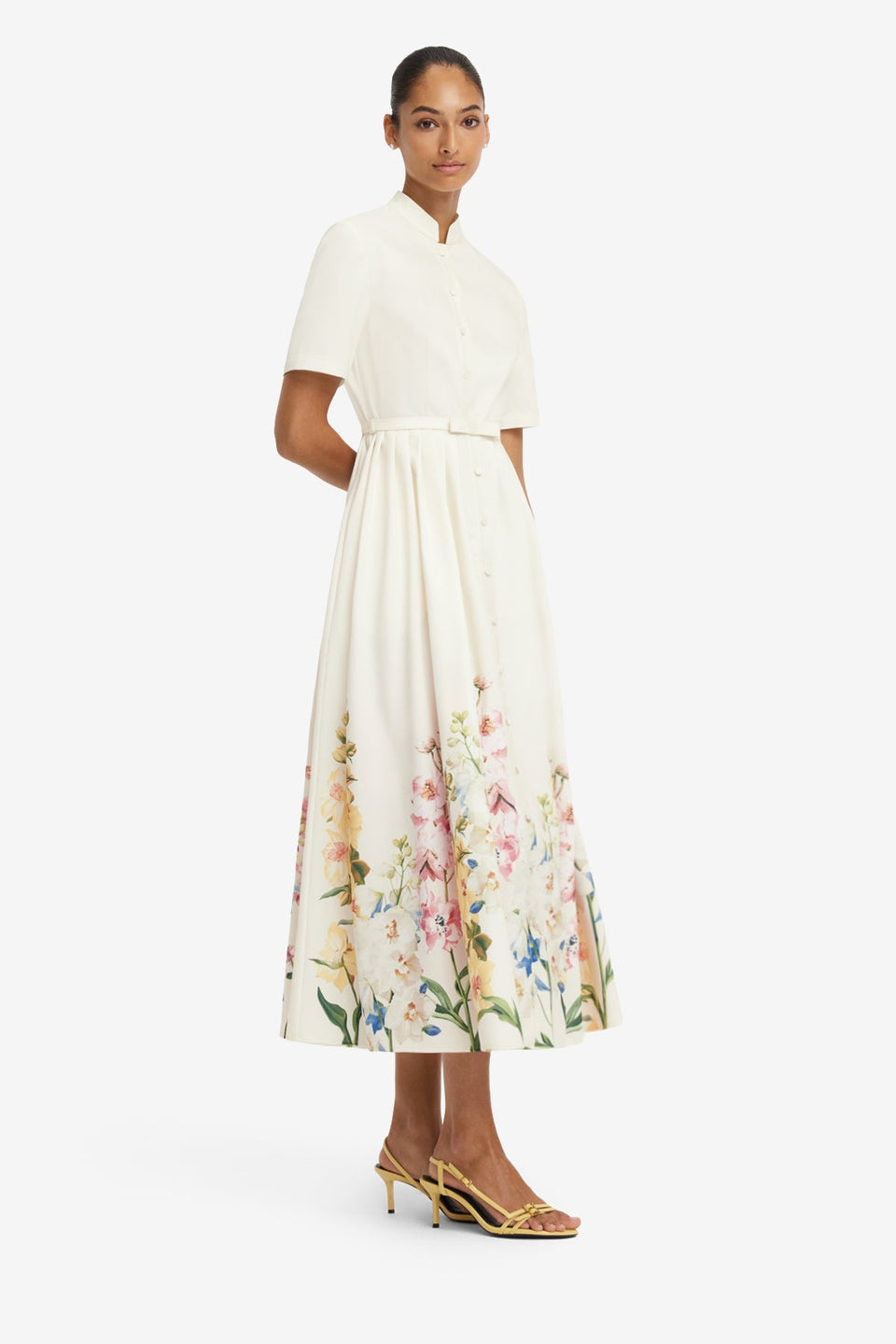 Bianca Short Sleeve Midi Dress - Snapdragon Print in Snow Dress Midi
