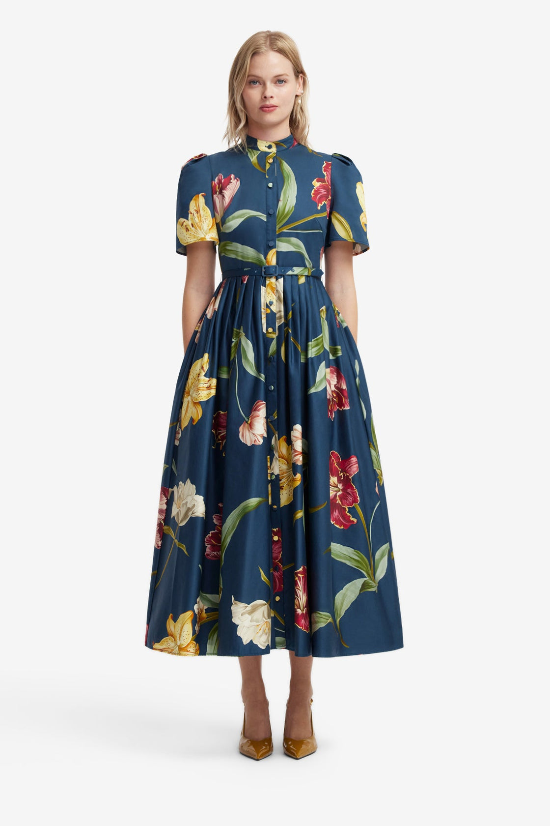 Bianca Short Sleeve Midi Dress - Lily Print in Indigo Dress Midi