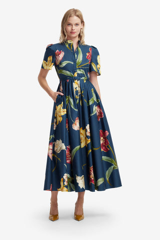 Bianca Short Sleeve Midi Dress - Lily Print in Indigo Dress Midi