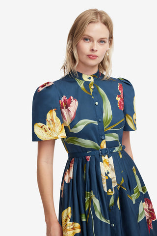 Bianca Short Sleeve Midi Dress - Lily Print in Indigo Dress Midi