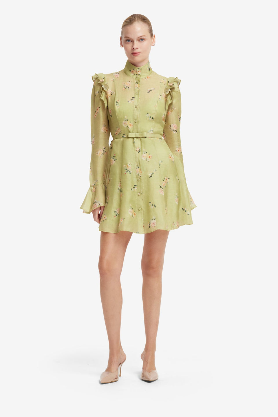 Kristy Butterfly Sleeve Mini Dress - Pistachio Rose Print Dress Mini