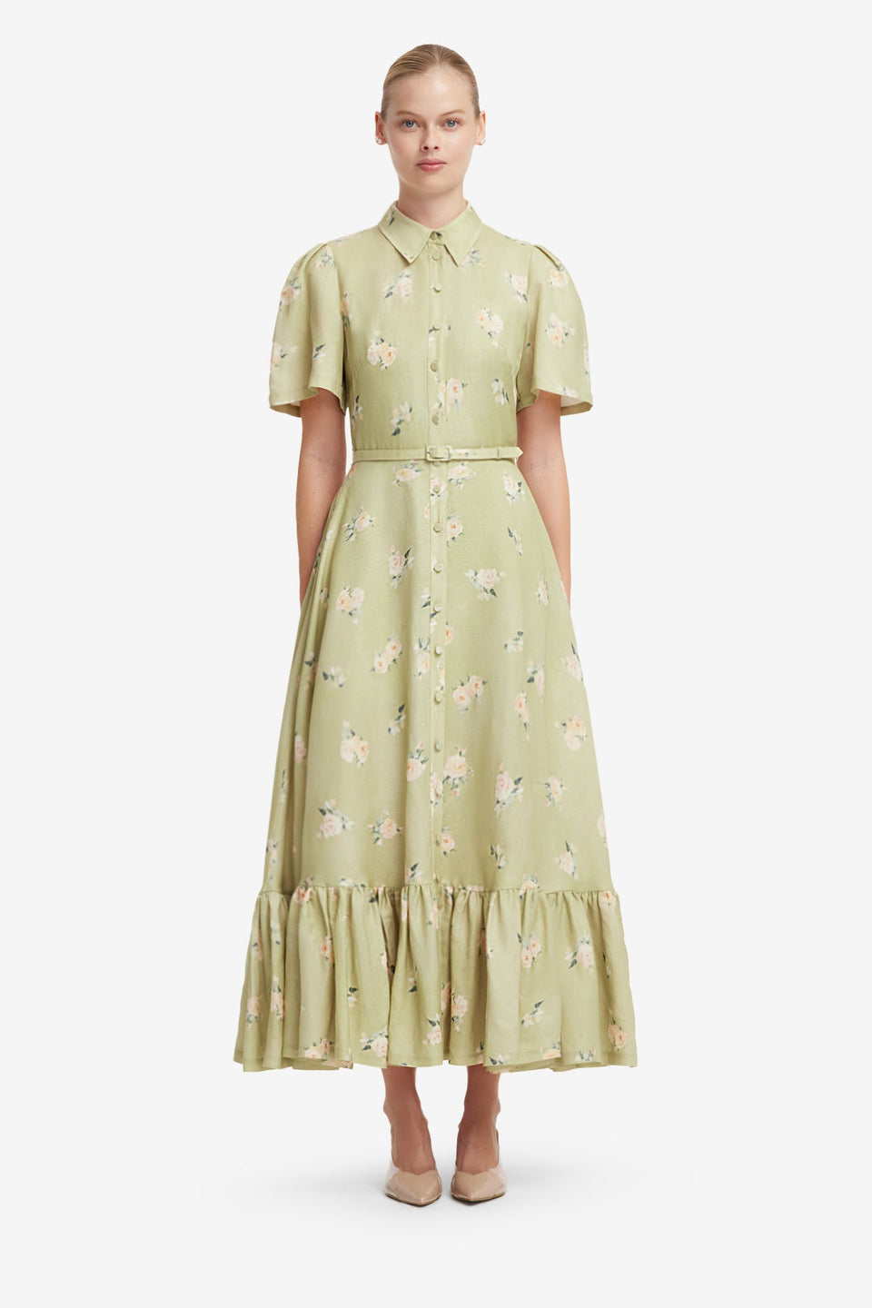 Becca Short Sleeve Midi Dress - Pistachio Rose Print Dress Midi