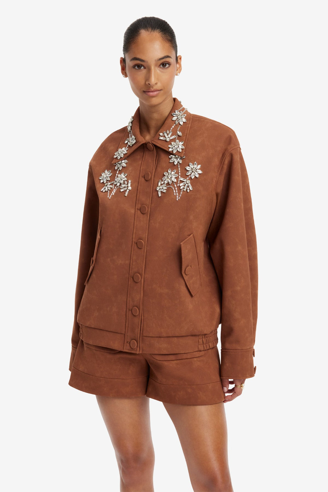 Astrid Embellished Vegan Suede Jacket - Chestnut Jackets