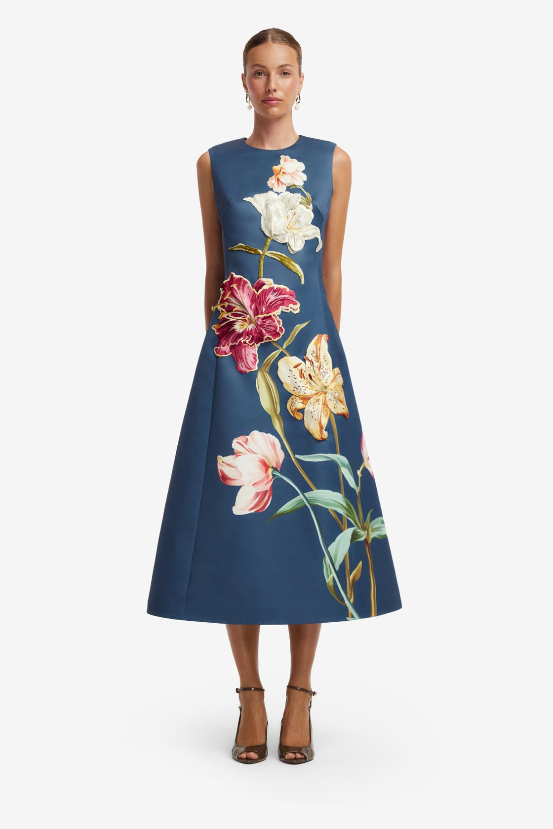 Cleo Embroidered Sleeveless Midi Dress - Lily Print in Indigo Dress Midi