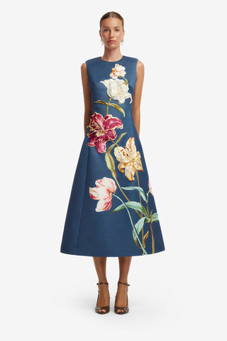 Cleo Embroidered Sleeveless Midi Dress - Lily Print in Indigo Dress Midi