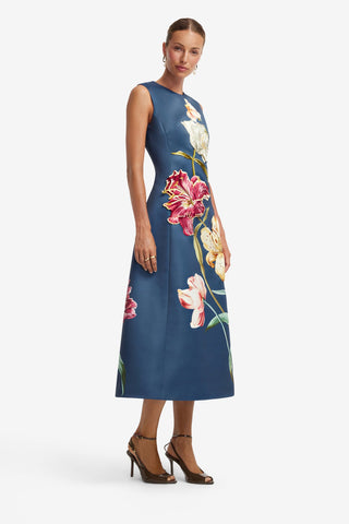 Cleo Embroidered Sleeveless Midi Dress - Lily Print in Indigo Dress Midi