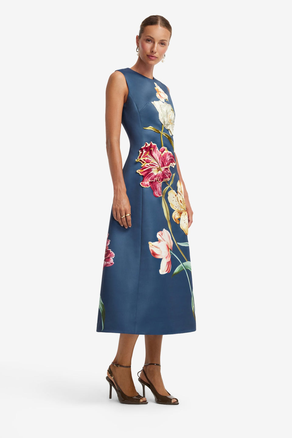 Cleo Embroidered Sleeveless Midi Dress - Lily Print in Indigo Dress Midi