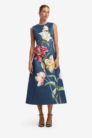 Cleo Embroidered Sleeveless Midi Dress - Lily Print in Indigo Dress Midi