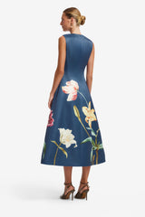 Cleo Embroidered Sleeveless Midi Dress - Lily Print in Indigo Dress Midi