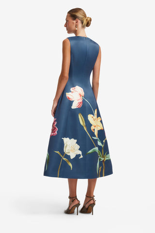 Cleo Embroidered Sleeveless Midi Dress - Lily Print in Indigo Dress Midi