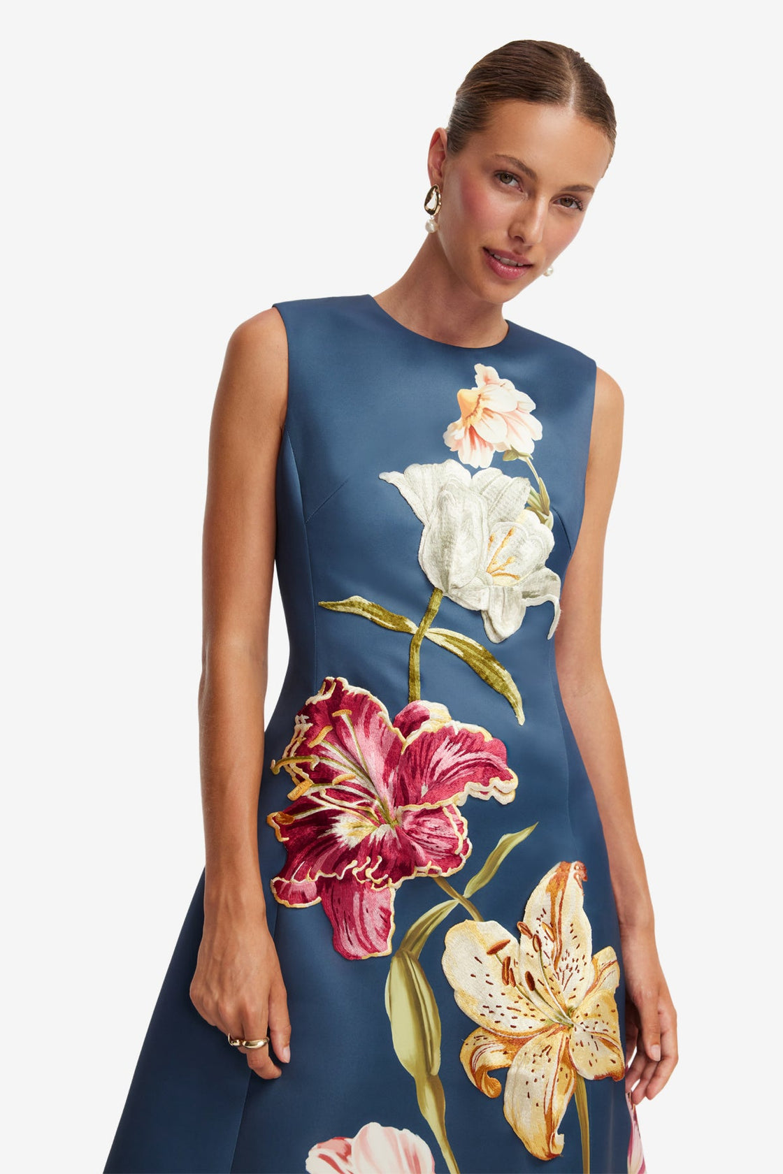 Cleo Embroidered Sleeveless Midi Dress - Lily Print in Indigo Dress Midi
