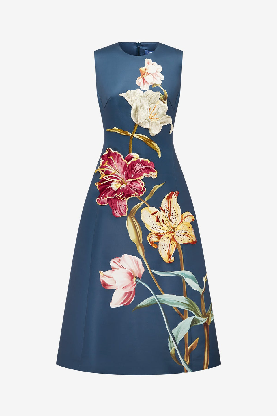 Cleo Embroidered Sleeveless Midi Dress - Lily Print in Indigo Dress Midi