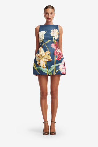 Ali Embroidered Mini Dress - Lily Print in Indigo Dress Mini