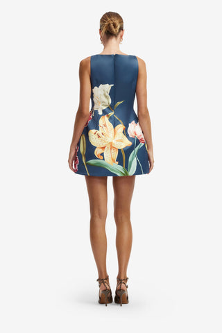 Ali Embroidered Mini Dress - Lily Print in Indigo Dress Mini