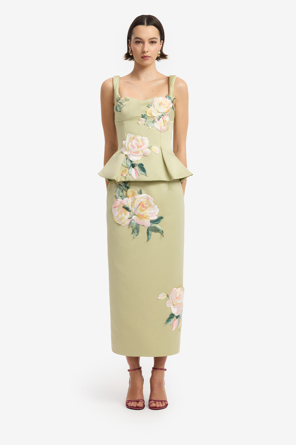 Quinn Embroidered Midi Skirt - Pistachio Rose Print Midi Skirt