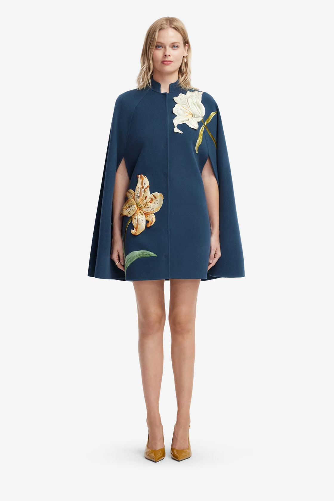 Sloane Embroidered Wool Cape Jacket - Lily Print in Indigo Coats