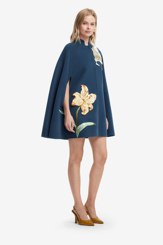 Sloane Embroidered Wool Cape Jacket - Lily Print in Indigo Coats