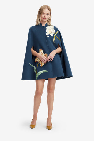 Sloane Embroidered Wool Cape Jacket - Lily Print in Indigo Coats