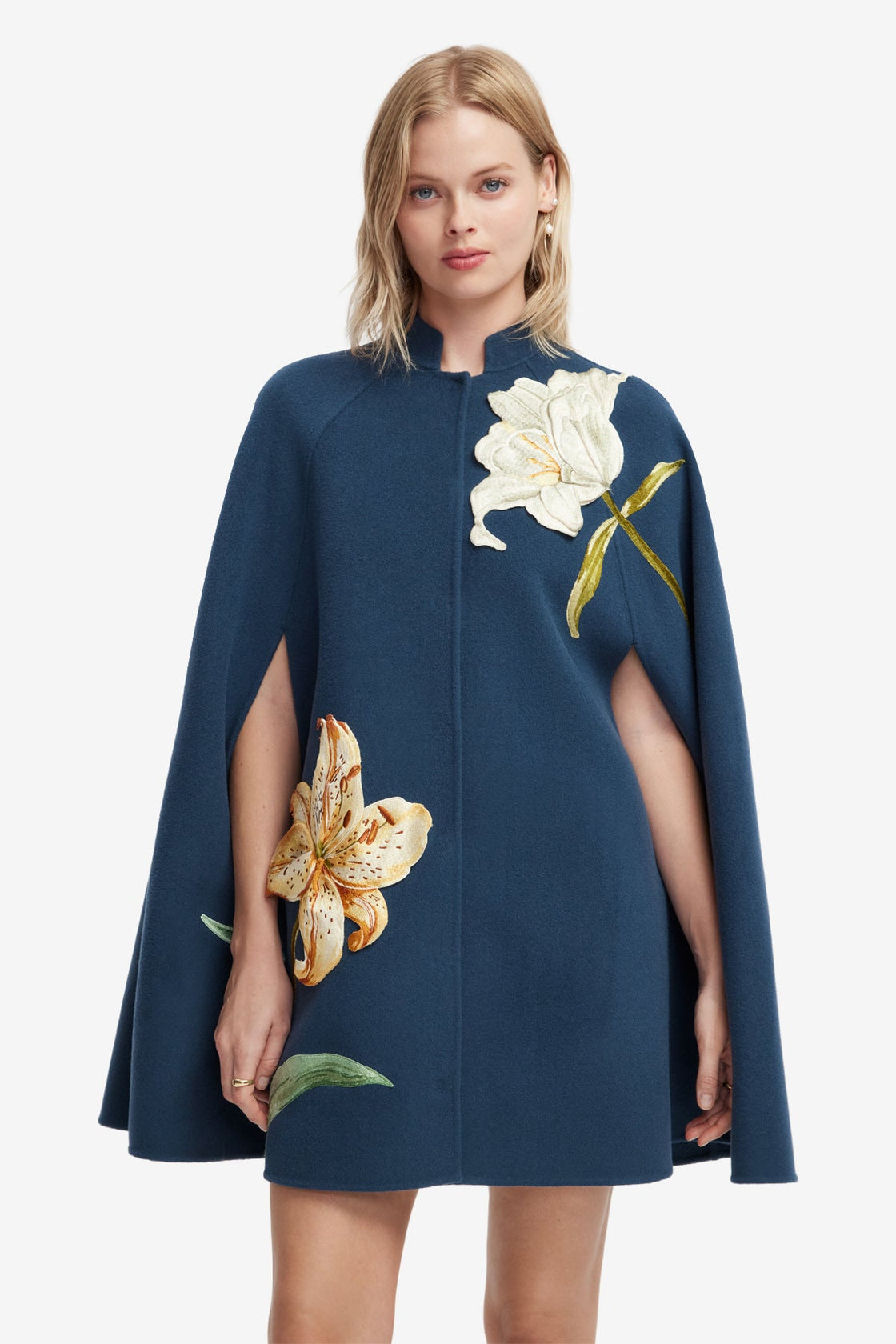 Sloane Embroidered Wool Cape Jacket - Lily Print in Indigo Coats
