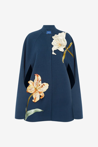 Sloane Embroidered Wool Cape Jacket - Lily Print in Indigo Coats