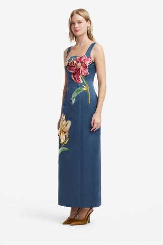Adelina Embroidered Maxi Dress - Lily Print in Indigo Dress Maxi