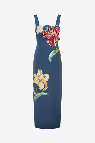 Adelina Embroidered Maxi Dress - Lily Print in Indigo Dress Maxi