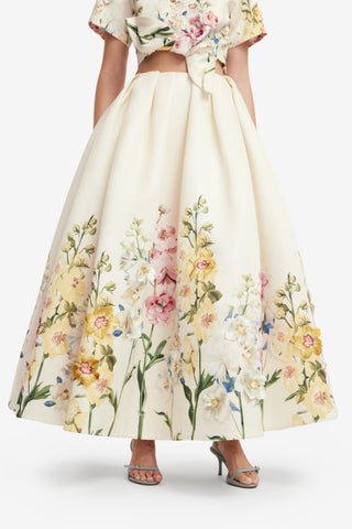 Victoria Embroidered Puff Maxi Skirt - Snapdragon Print in Snow Skirts