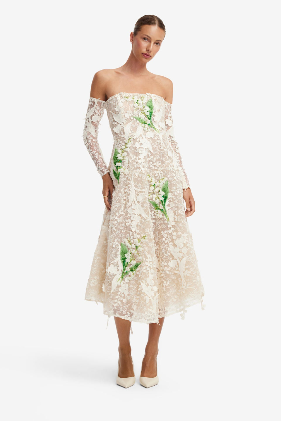 Ana Off-Shoulder Embellished Lace Bustier Midi Dress - Snow Meadow Dress Midi