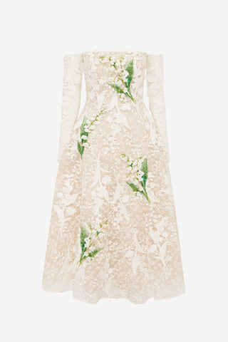 Ana Off-Shoulder Embellished Lace Bustier Midi Dress - Snow Meadow Dress Midi