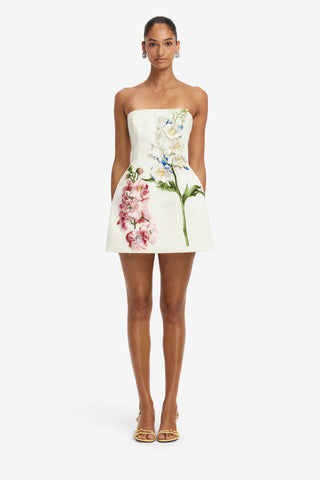 Roselle Embroidered Bustier Mini Dress - Snapdragon Print in Snow Dress Mini