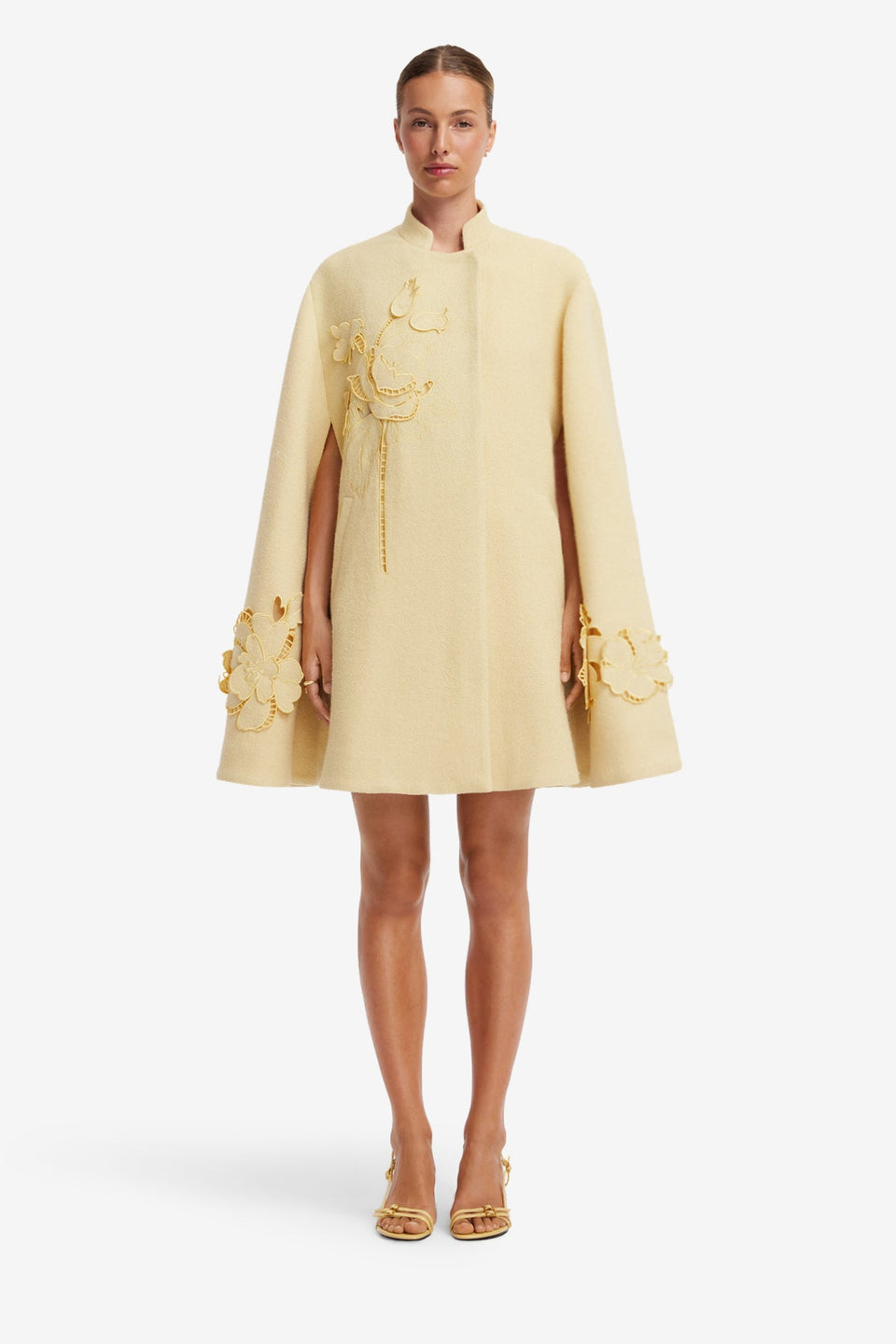Sloane Applique Tweed Cape Jacket - Dusty Yellow Coats