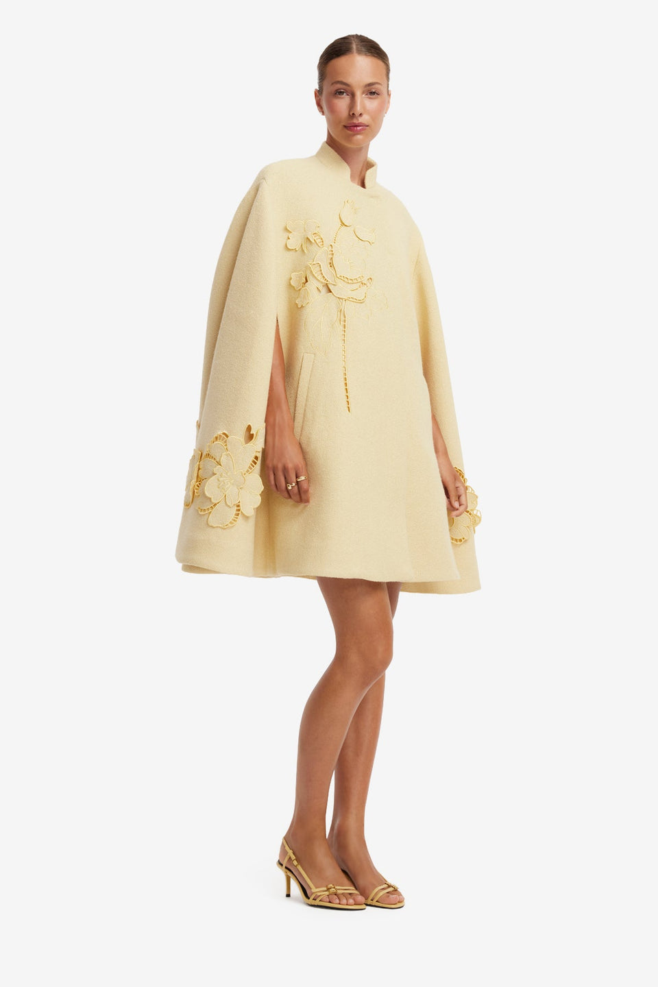 Sloane Applique Tweed Cape Jacket - Dusty Yellow Coats