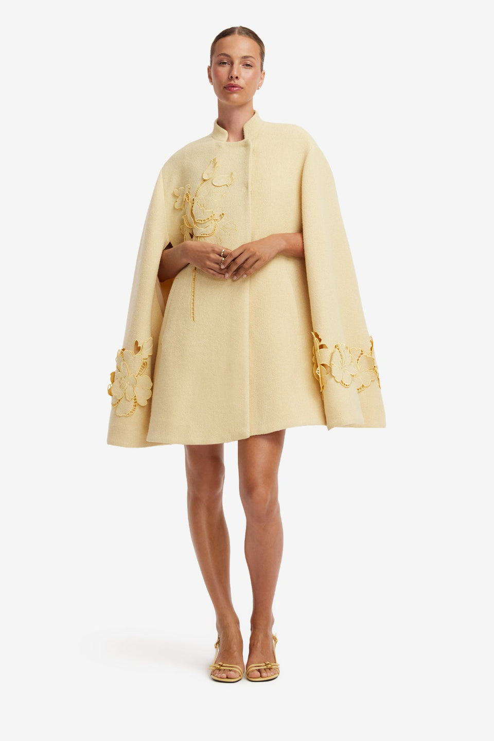 Sloane Applique Tweed Cape Jacket - Dusty Yellow Coats
