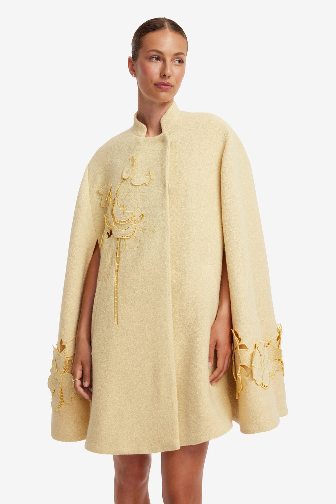 Sloane Applique Tweed Cape Jacket - Dusty Yellow Coats