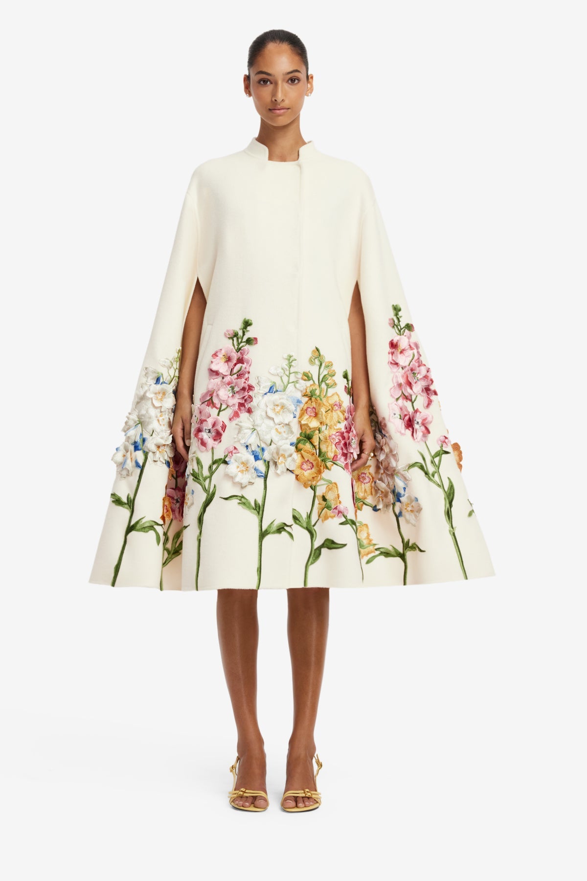 Clover Embroidered Wool Cape Jacket - Snapdragon Print in Snow