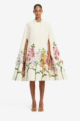 Clover Embroidered Wool Cape Jacket - Snapdragon Print in Snow Coats