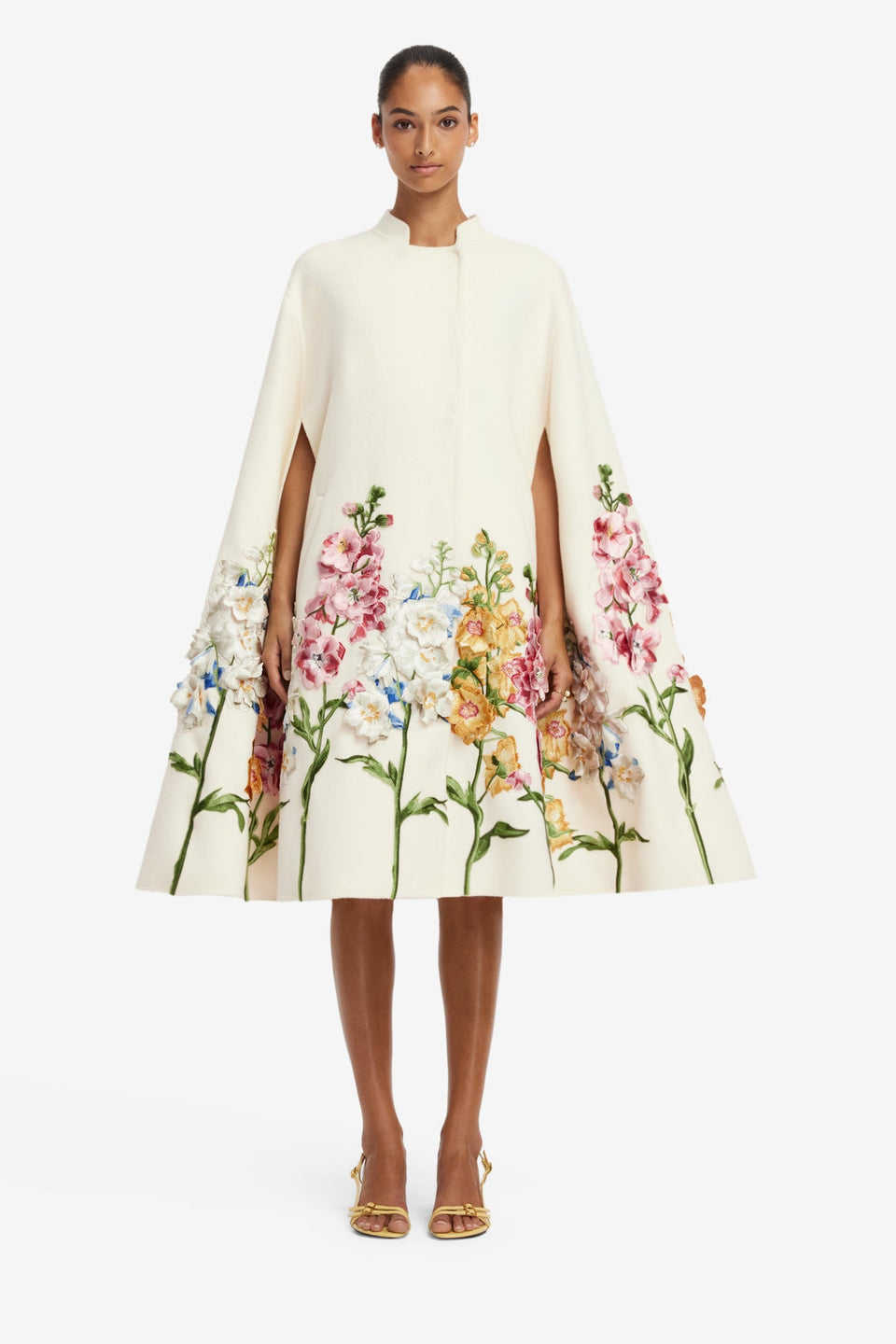 Clover Embroidered Wool Cape Jacket - Snapdragon Print in Snow Coats