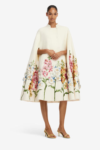 Clover Embroidered Wool Cape Jacket - Snapdragon Print in Snow Coats