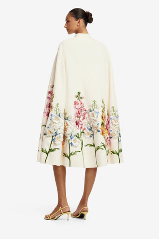 Clover Embroidered Wool Cape Jacket - Snapdragon Print in Snow Coats