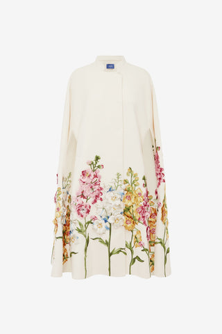 Clover Embroidered Wool Cape Jacket - Snapdragon Print in Snow Coats