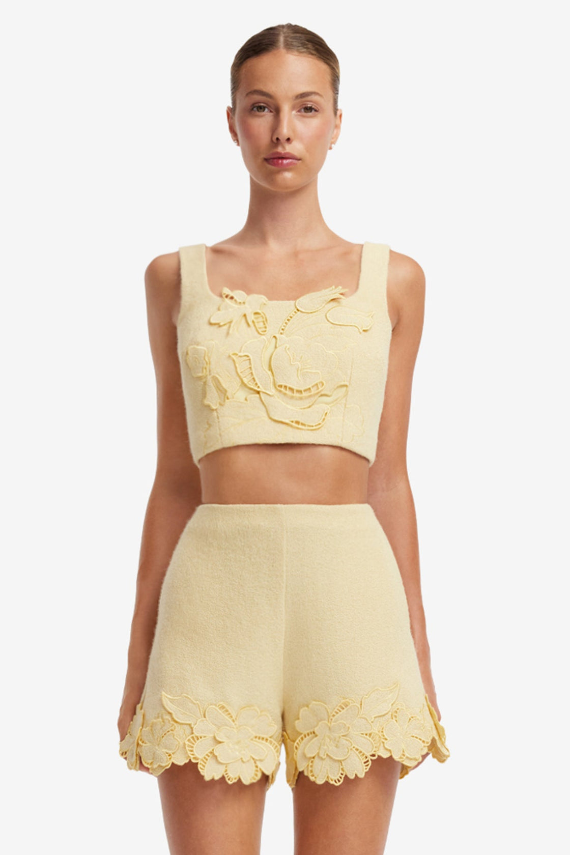 Vivian Applique Tweed Crop Top - Dusty Yellow Tops