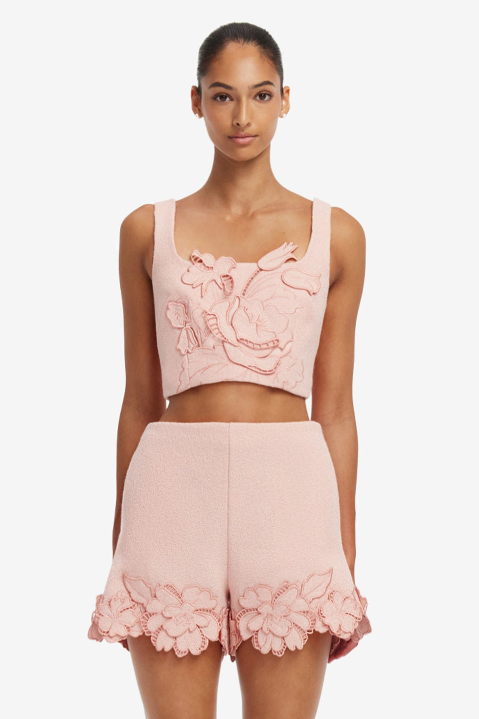 Vivian Applique Tweed Crop Top - Dusty Pink Tops