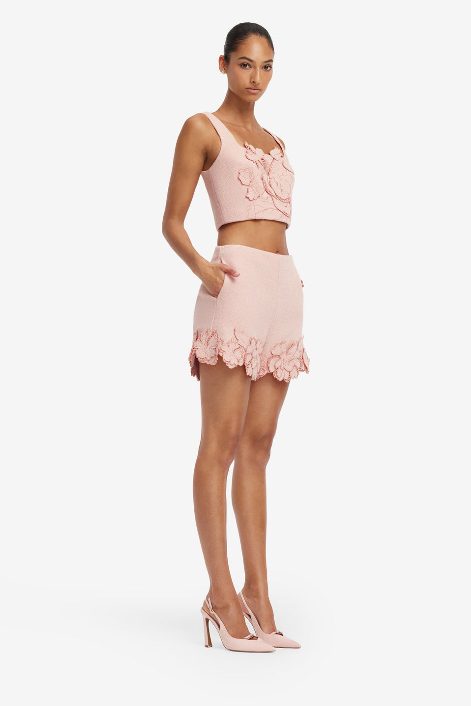 Vivian Applique Tweed Crop Top - Dusty Pink Tops